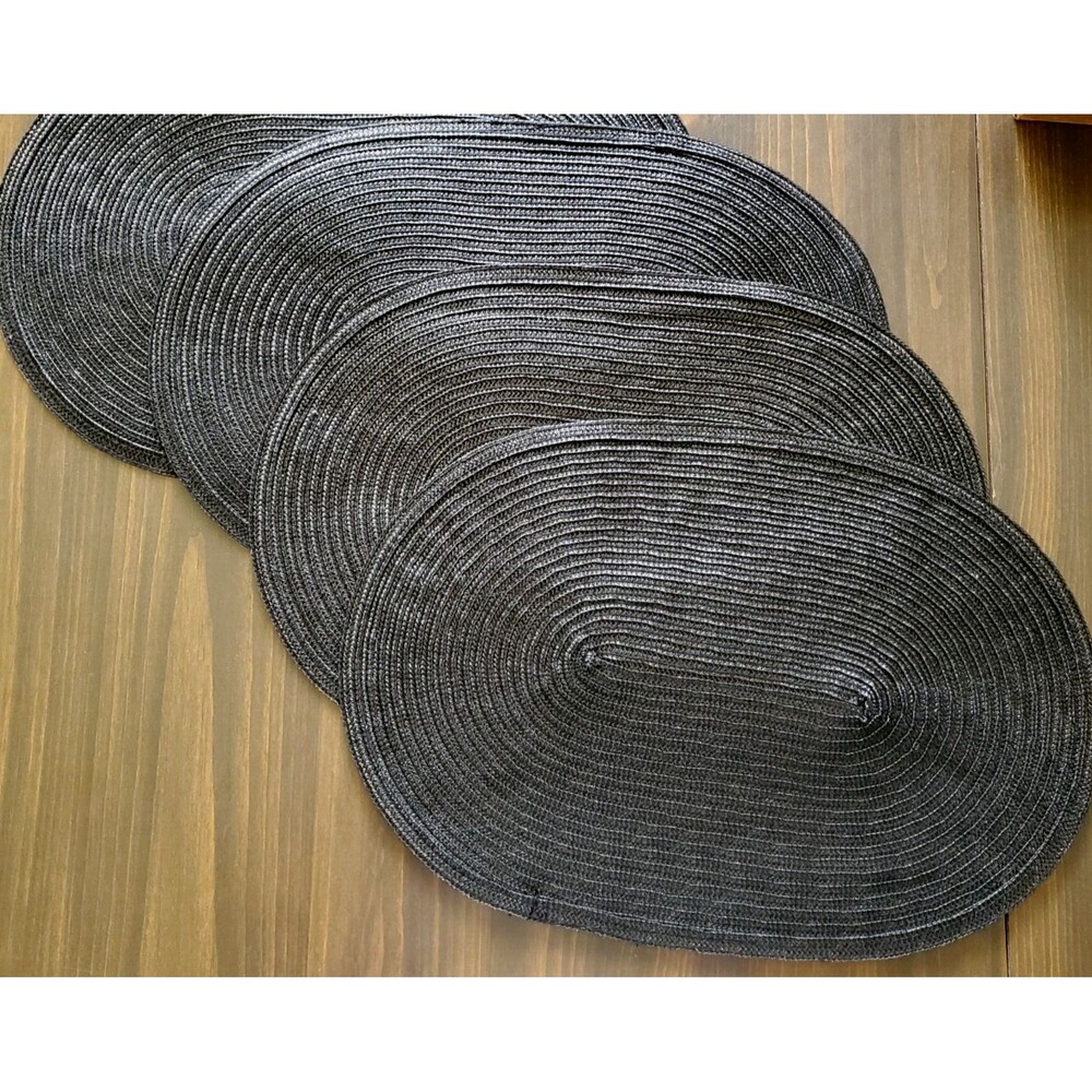 Woven Oval Placemats 4 Black Basket Spiral Weave 17.5x12" Plastic Washable Flex